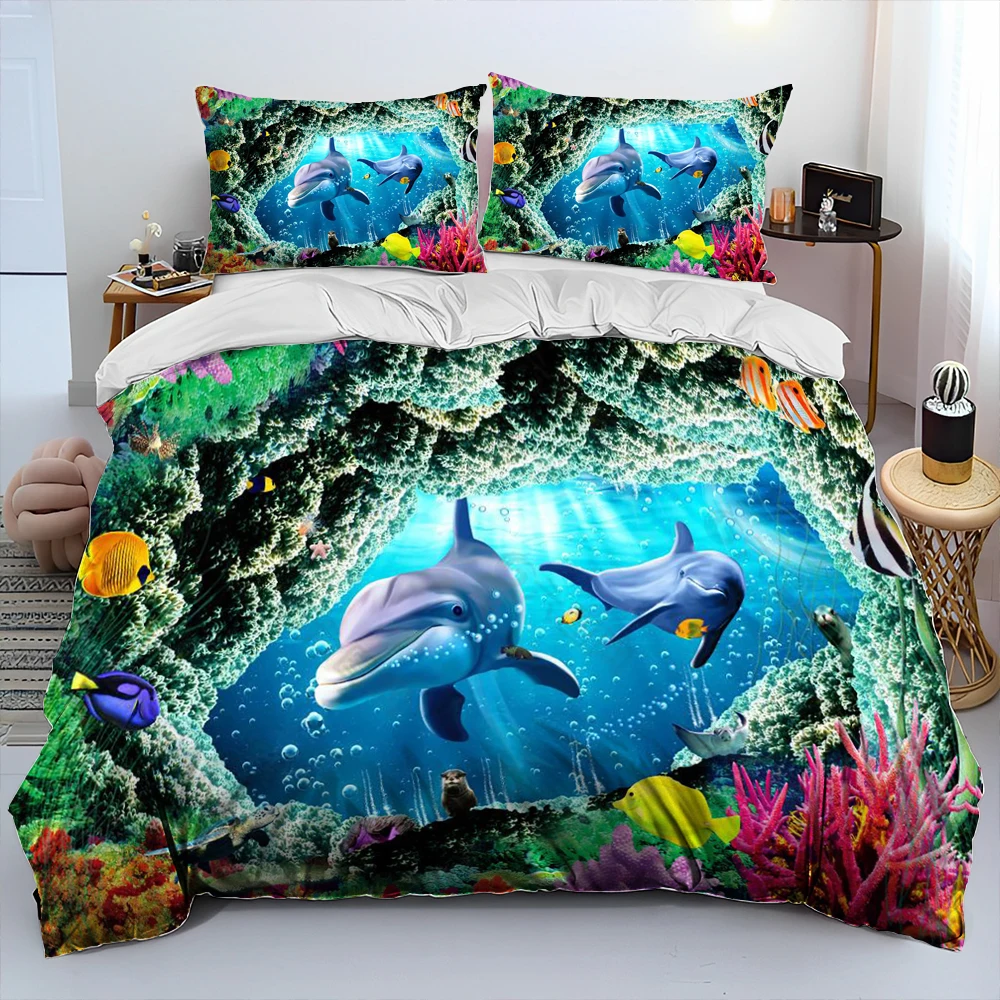 3D Seabed Illusion Underwater World Dolphin Comforter Bedding Set,Duvet Cover Bed Set Quilt Cover Pillowcase,Queen Bedding Set