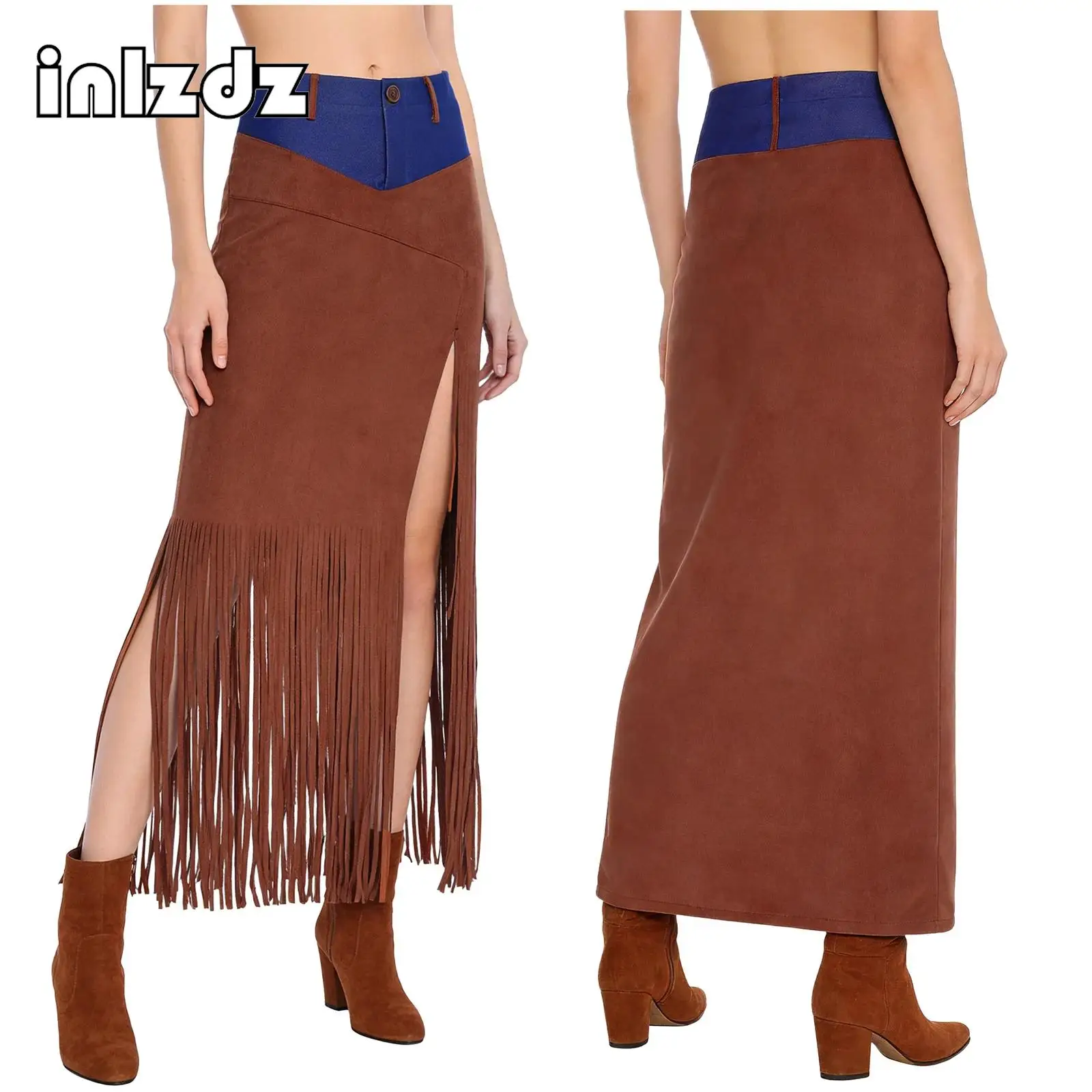 

Женская юбка-миди в стиле ковбойской моды с бахромой, джинсовая и из искусственной замши, с бахромой спереди и разрезами по бокам, для музыкальных фестивалей и повседневной носки