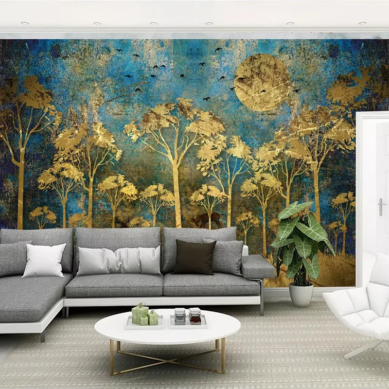 Pittura murale personalizzata stile cinese astratto albero della foresta d\'oro uccello cervo foto carta da parati soggiorno camera da letto arte