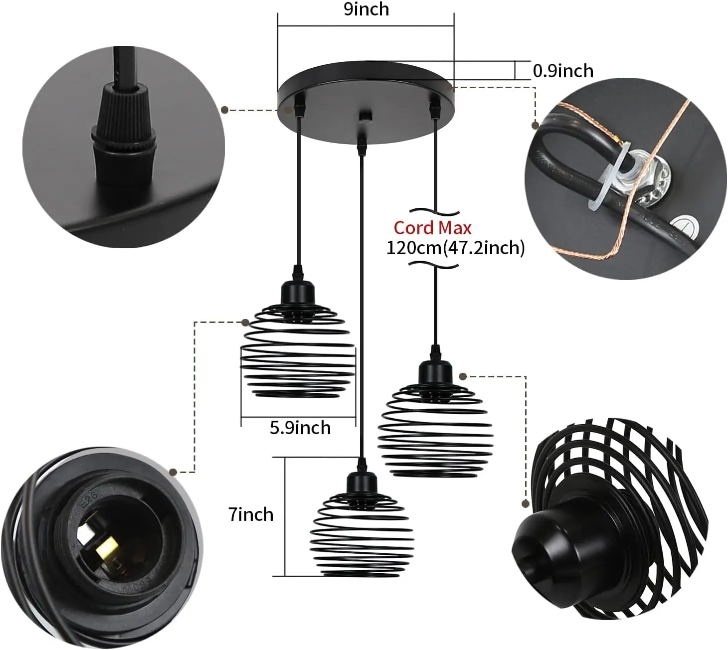 Black Pendant Light Industrial Hanging Light 3 Lights Farmhouse Kitchen Hang Lighting Fixtures with Metal Caged E26 Base,Home