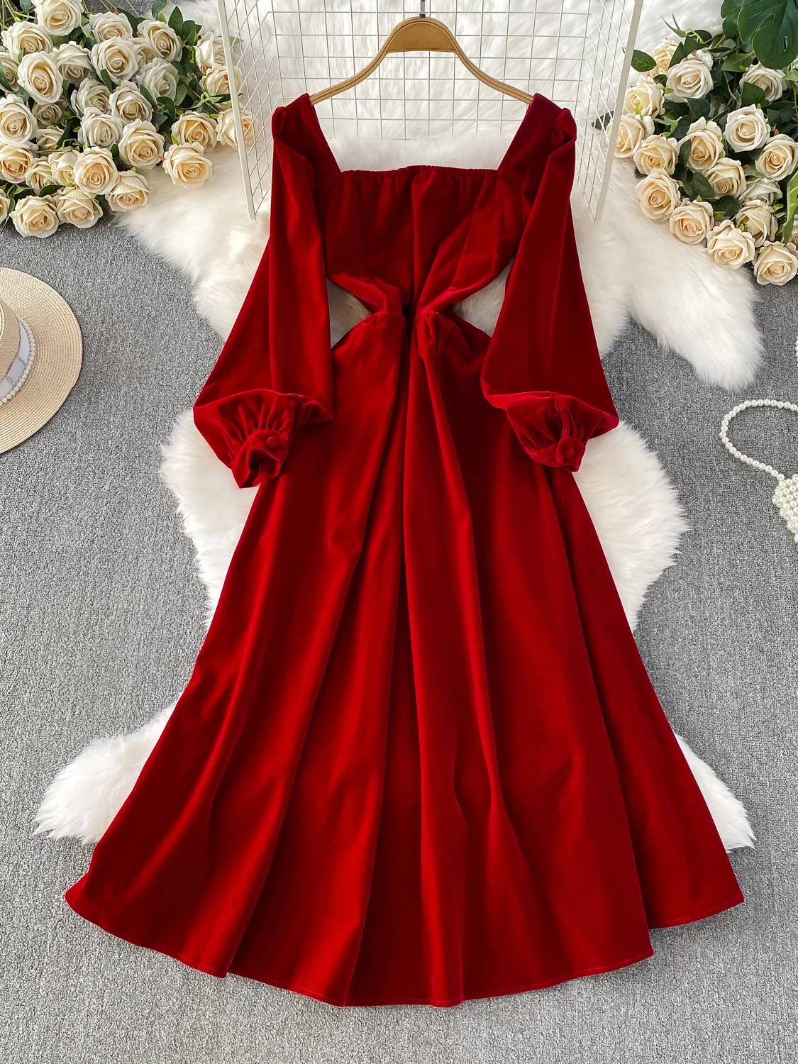 Ele cuello cuadrado linterna Sve Dr mujer Otoño Invierno boda Dr adelgazante largo Dr cintura alta A-Line falda