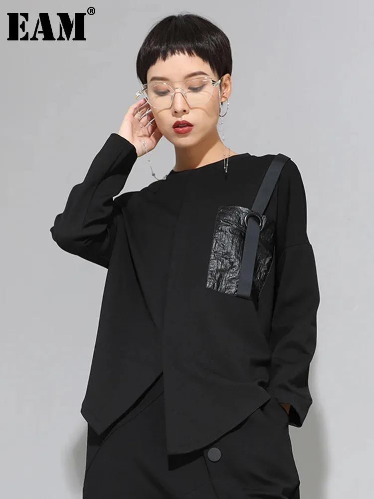 

[EAM] Women Black Irregular Bandage Pockets Big Size T-shirt New Round Neck Long Sleeve Fashion Tide Spring Autumn 2024 1DF4633