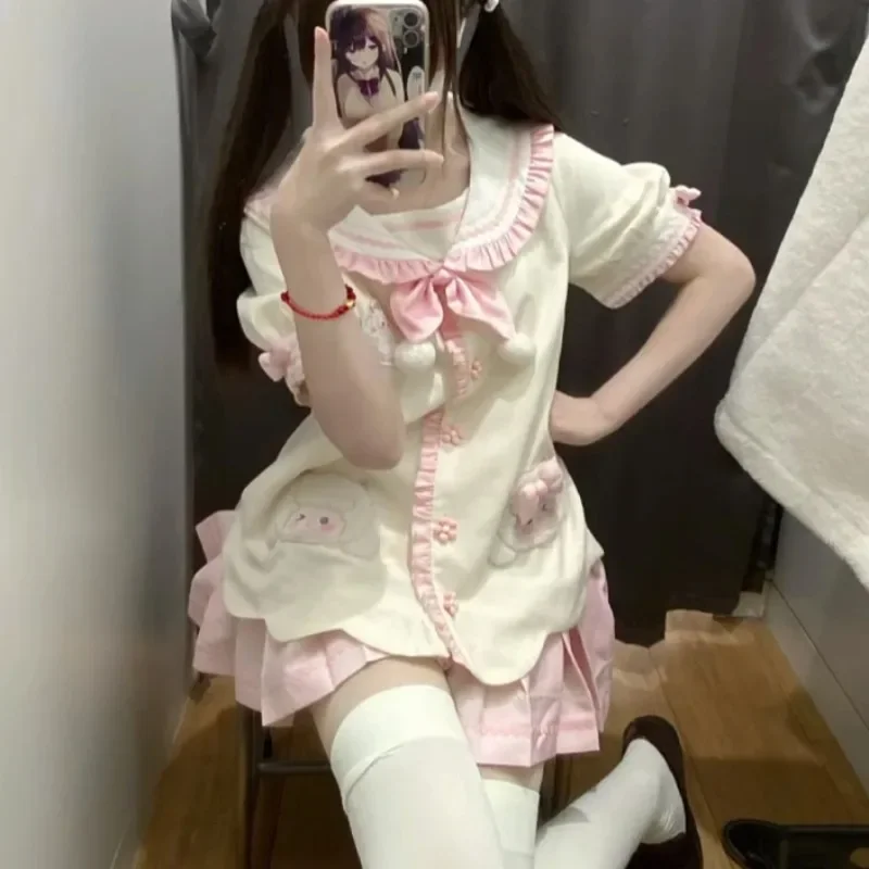 

Japanese Pink and White Cute Skirt Set Women with Bow Pom-Pom Detail and Animal Print Sweet Spring Set for Casual Wear 2025