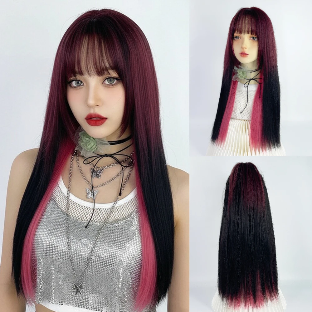 

Длинный прямой розовый черный парик Лолиты с эффектом омбре для женщин, термостойкий синтетический парик с челкой, повседневная одежда для косплея и вечеринки