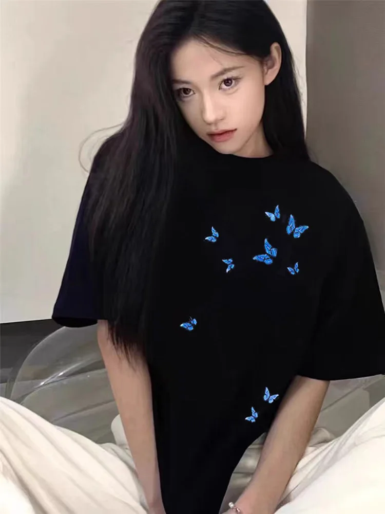 Stylish Butterfly Print Short-sleeve T-shirts Women's 2025 Summer New Fashion Loose Comfort T-shirt Women's Round Neck Nice Tops