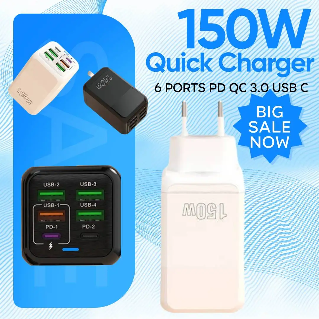 

150 Вт, 6 портов PD QC 3.0 USB C, быстрое зарядное устройство, настенный адаптер, сверхбыстрая зарядка для iPhone, Samsung, iPad, Xiaomi, Huawei Oneplus OPPO
