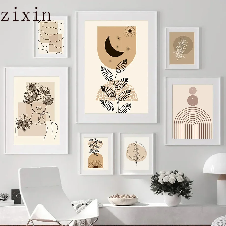 

Abstract Painting Geometry Line Leaf Girl Sun Moon Wall Art Canvas Nordic Posters And Prints Wall Pictures For Living Room Decor