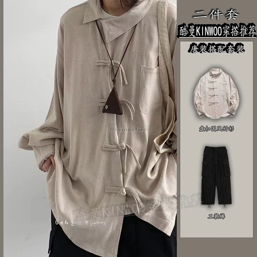 

2025 весенне-осенняя ретро-новая рубашка Тан в китайском стиле для мужчин и женщин, свободный хлопковый льняной топ с косым воротником и длинными рукавами