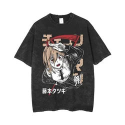 Anime Chainsaw Man Acid Tshirt Retro Vintage Washed Printed Graphic T Shirt Women Harajuku Cotton Casual Short Sleeve Tshirt