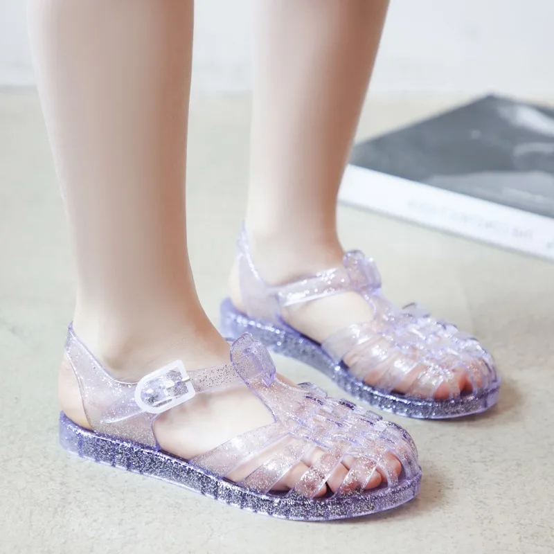 Summer Kids Soft-Soled Non-Slip Glitter Beach Sandals Children Crystal Jelly Single Buckle Shoes Girls Simple Roman Flat Sandals
