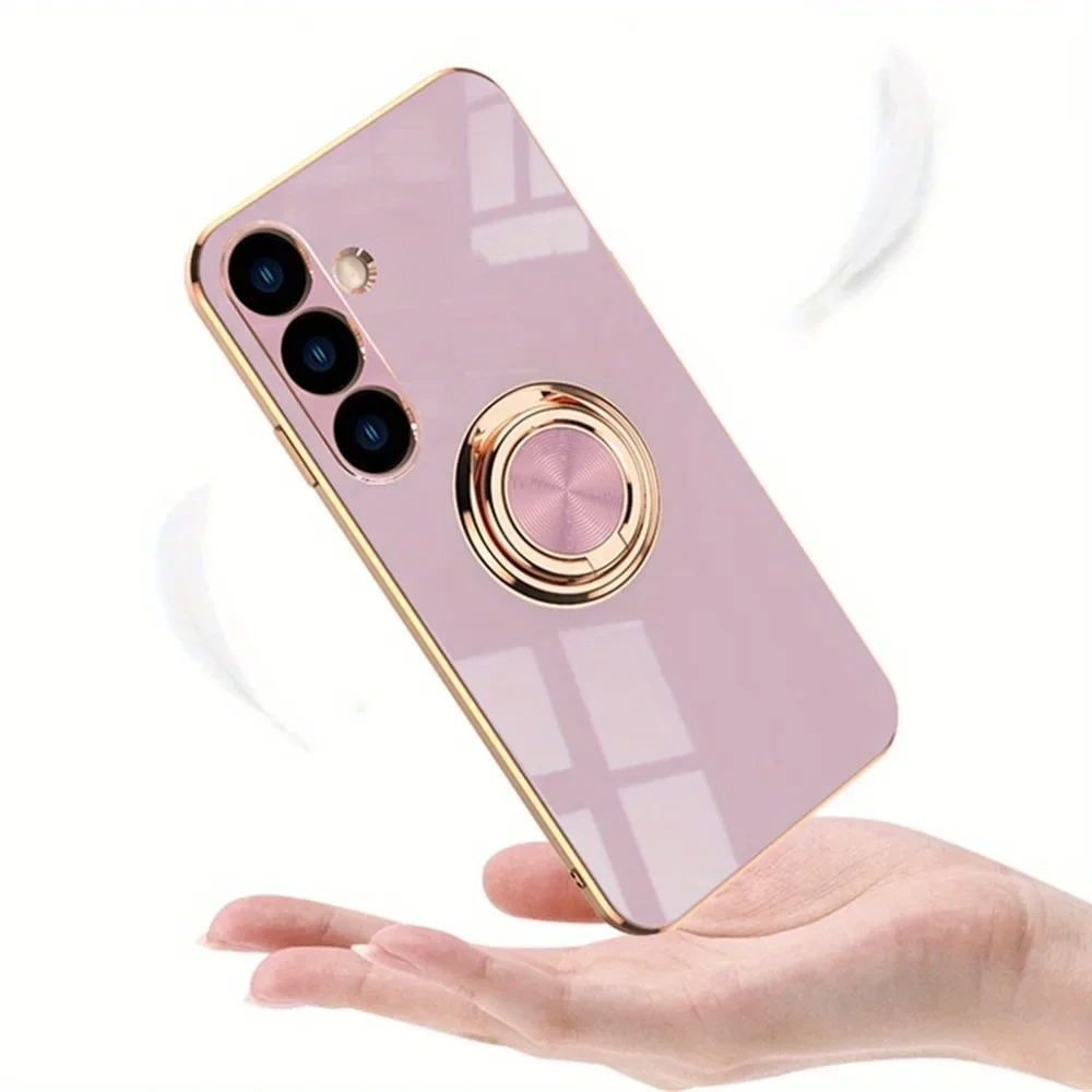 高級メッキTPUリングホルダー付きスマホケース Samsung Galaxy S25 S24 S23 Ultra Plus S24 FE用 レンズ保護 耐衝撃バックカバー