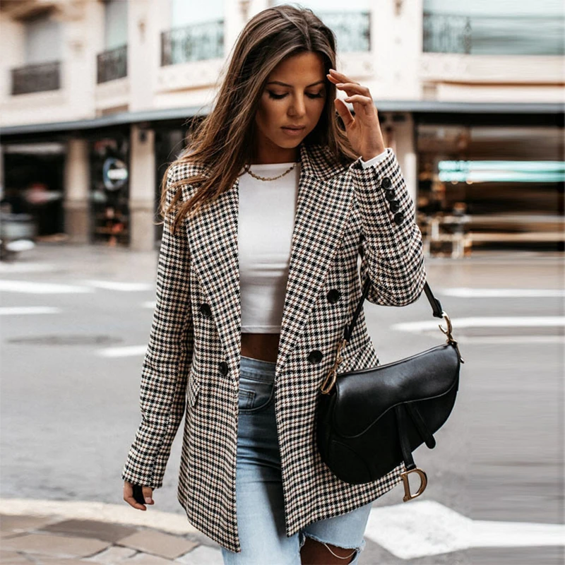 Autumn and Winter New Double Breasted Lapel Print Plaid Temperament Small Suit Women's Fashion Medium Length Windbreaker