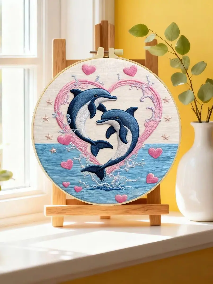 1 Stück 20X20CM/15X15CM 7,87/6,3 Zoll Delfin-Stickerei-Starter-Kit DIY-Kit DIY-Stickerei-Set Handarbeiten Nähkunst – Detail 6