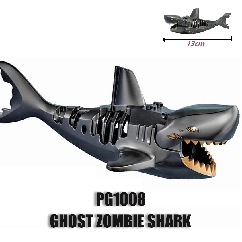 New Sea Shark Pirate Macrodontia Mini Blue Black Grey Model Moc Deep-sea Building Blocks Toys Kids Gift Boys Girls Diy Juguetes