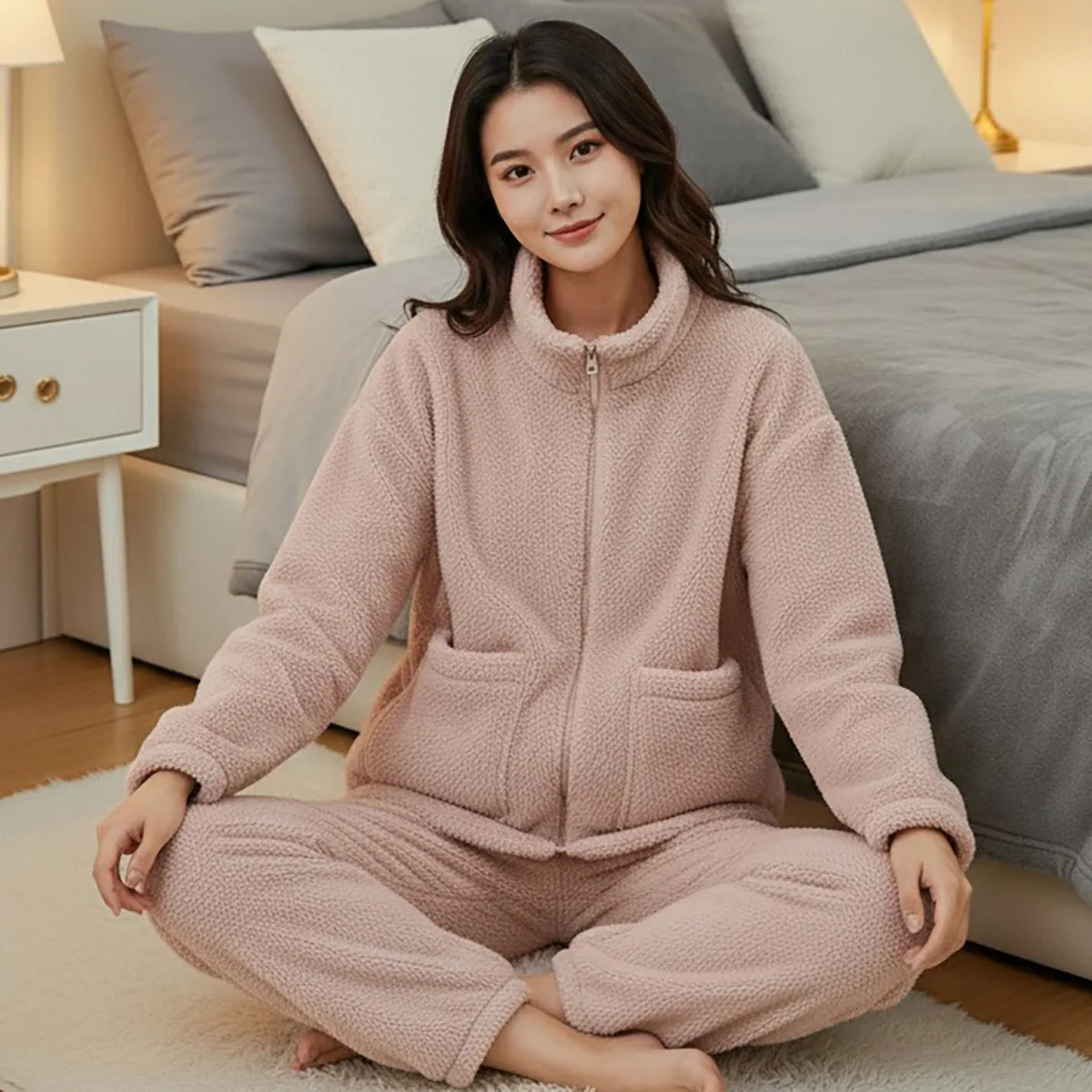 Herbst- und Winter-Pyjama für Damen, Korallensamt mit verdicktem, warmem Flanell-Reißverschluss, Stehkragen, Heimkleidung, zweiteiliges Set