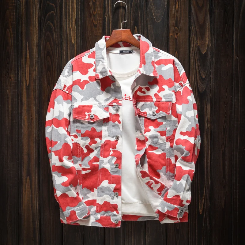 

Fashion Brand Men's Spring and Autumn Denim Jacket Red Camouflage Fall Shoulder Style Youth Loose Casual