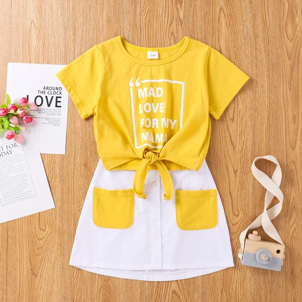 

3-8Y Cotton Children Clothing Summer Short Sleeve Pullover Tops +Skirt Elegant Dress for Girl Jumpsuit Outfits Kids Costume
