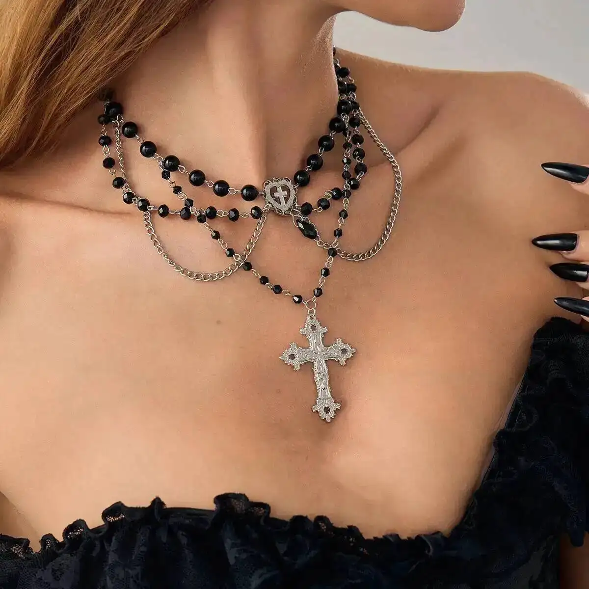 

IngeSight.Z Gothic Jesus Cross Pendant Necklace for Women Vintage Multilayer Black Acrylic Bead Chain Necklace Halloween Jewelry