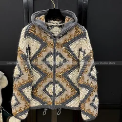 Women's 2024 Autumn and Winter New Heavy Sequins Wool Blend Knitted Hooded Cardigan Sweater Coat Top