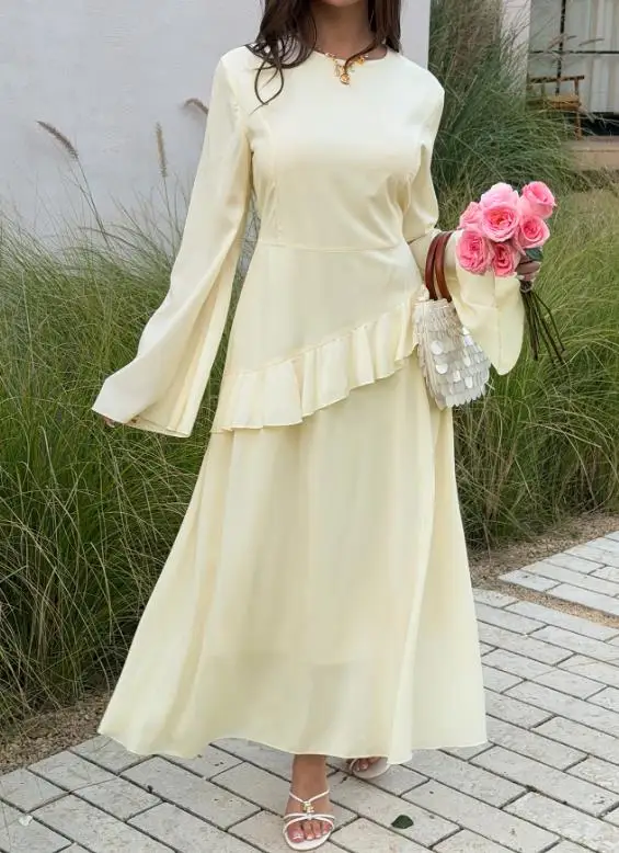 

Tailored Women's Dress with Spring Elegant Fairy Style Intellectual Pure Color Round Neck and Black Fungus Edge Splicing Dress