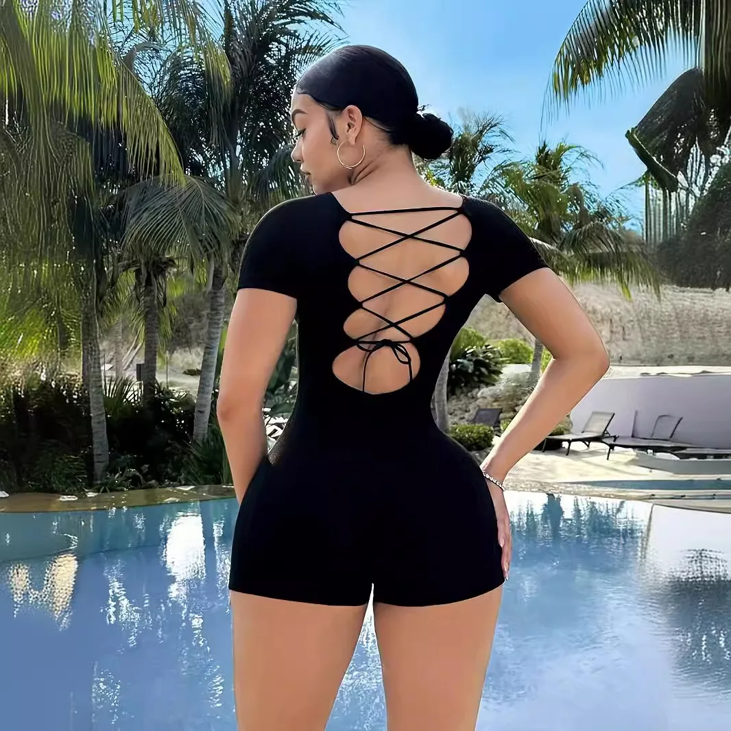 FIGOHR Summer Women's Casual O-Neck Short-Sleeve Bodycon Female Sexy Black Open Back Lace-Up Romper