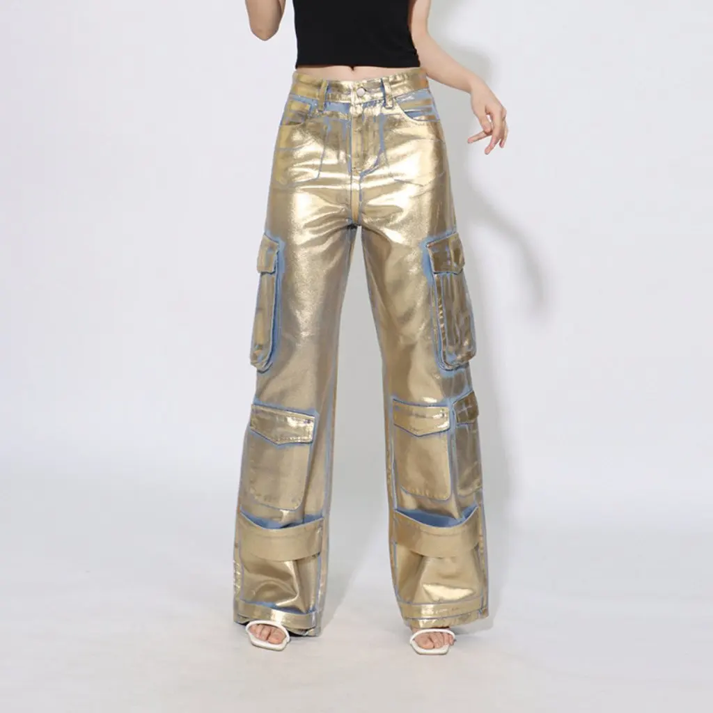 

Women's High Waist Straight Stitching Pocket Jeans Trendy Street Workwear Style Spring Metallic New