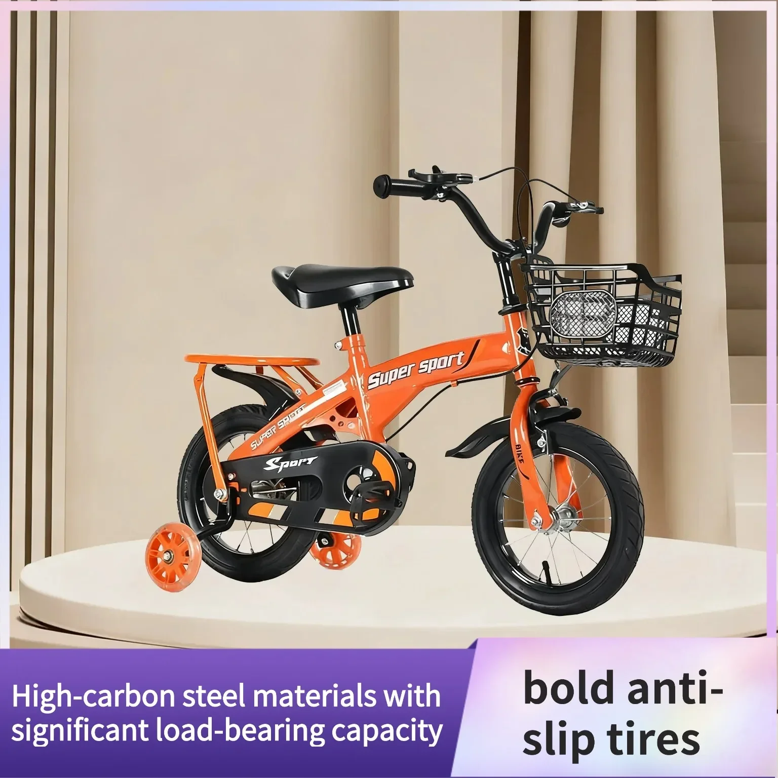 

Orange Children's Bicycle with Rear Seat 12-18 Inch Kids Bike Adjustable Frame Safety First Kids Cycling Equipment