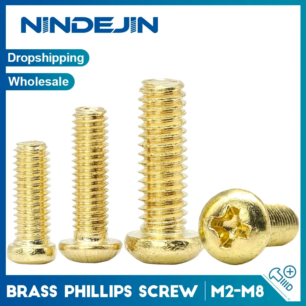 

NINDEJIN 2-50pcs Brass Cross Round Head Machine Screw M2 M2.5 M3 M4 M5 M6 M8 Copper Pan Head Phillips Screw