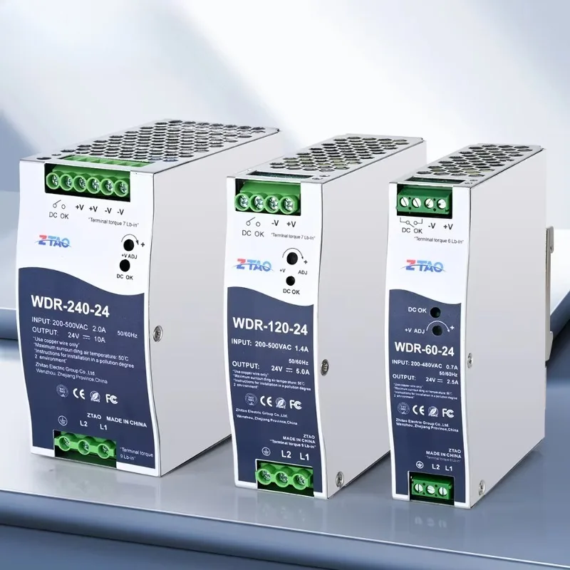 Industrial Din Rail Switching Power Supply WDR-60-24 WDR-120-24  WDR-240-24 12V 24V 2.5A 5A 10A 200~500VAC Input  60W 120W 240W