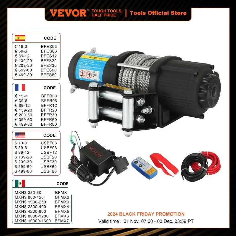 VEVOR – treuil électrique de 12V, 4000lbs, avec câble en acier, commande sans fil, pour camion