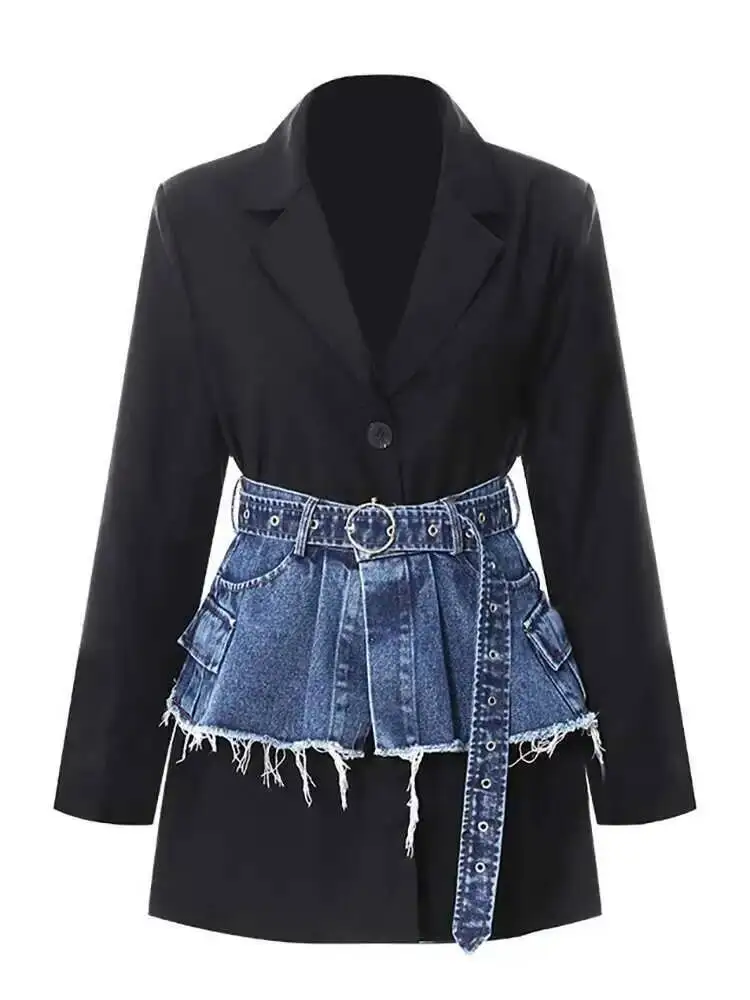 Fashion Denim Waistband Blazer Women's Lapel Loose Single Breasted Long Sleeves Black Suit Jacket Spring 2026 RNHD