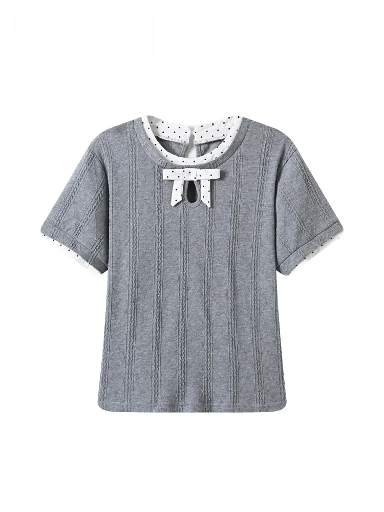 

French Style plus Size Short Sleeve T-Shirt Women's Beautiful Unique Young Looking Knot Top for Early Summer