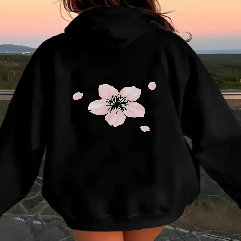 

Casual Hoodie Fall Winter Season Comfort Streetwear Womens Cherry Blossom Print Cozy Long Sleeve Drawstring Hood Sweatshirt