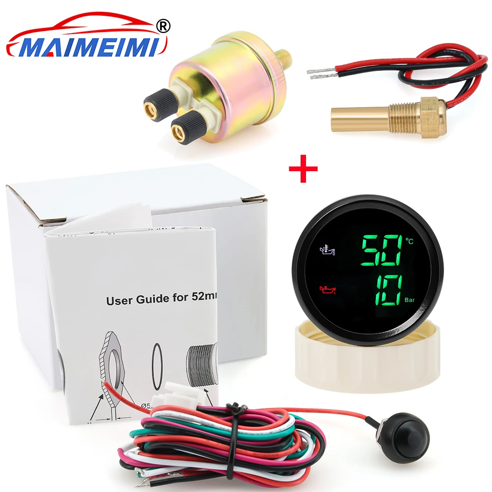 

2 в 1 Цифровой автомобильный манометр 52 мм Температура масла + манометр масла с датчиком температуры масла 1/8NPT Датчик давления масла 0-10 бар
