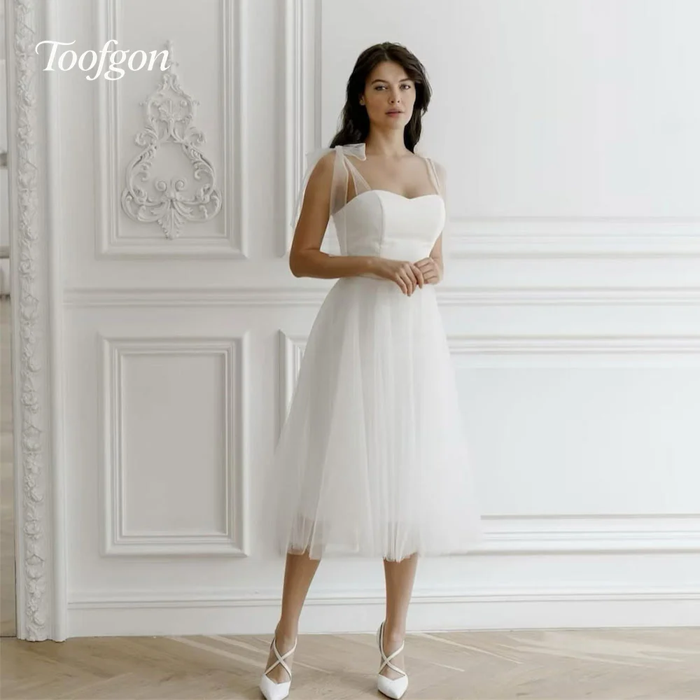 

Toofgon Sweetheart Short Wedding Party Dresses Soft Tulle Straps Formal Prom Party Dress Tea Length Special Occasion Customized