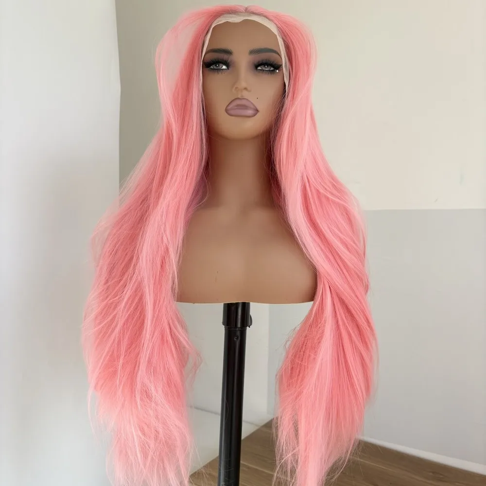 شعر مستعار ناعم بدانتيل أمامي على شكل حرف T بطبقات طويلة مستقيمة ومقاومة للحرارة باللون الوردي