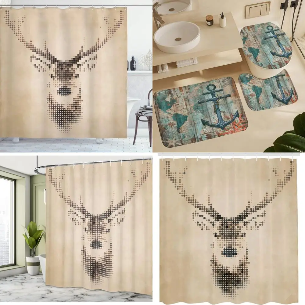 

Занавеска для душа в стиле ретро с дизайном оленя, цифровыми точками и геометрическими кругами, винтажный принт на тканевой ткани