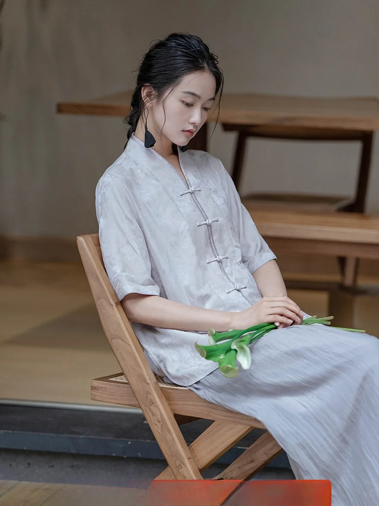 

Elegant Chinese Style Silk Shirt Original Design Purple Magnolia Bamboo Leaf Pattern Turn-down Collar Short Sleeve Straight Cut