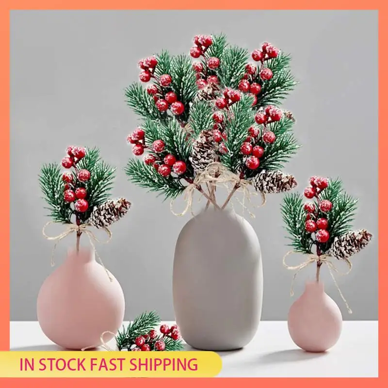 AA05 التوت الأحمر ينبع فروع الصنوبر دائم الخضرة عيد الميلاد التوت ديكور 24 قطعة الصنوبر الاصطناعي المخاريط فرع الحرفية إكليل اختيار #1