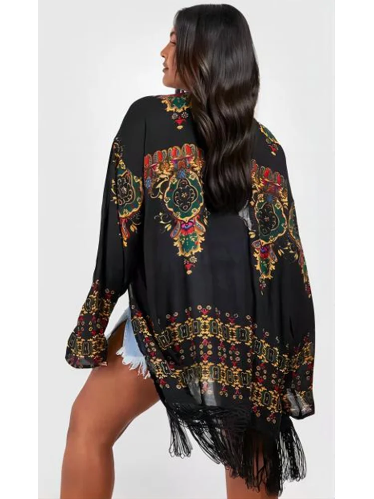 Plus Size Boho Cardigan Women's Casual Floral Print Long Sleeve Fringe Trim Cardigan 2024