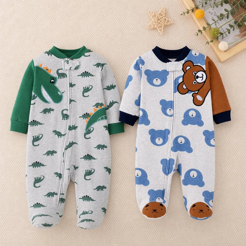 3-9M Neugeborene Jungen Reiner Baumwoll-Strampler mit Füßen, niedlichem Tiermuster, Stickerei, Kontrastärmeln, Reißverschluss, Einteiler für alle Jahreszeiten, Babykleidung