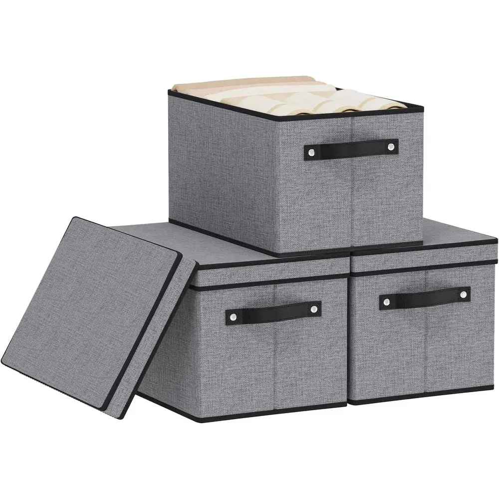 

Foldable Storage Bins with Lids, 15 x 9.8 x 8.3 Inch Storage Boxes with Handles, Fabric Closet Organizers for Wardrobe, Gray, 3-