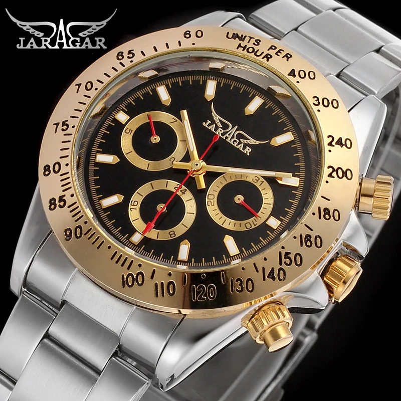 

Golden Automatic Self Wind Mens Wristwatch 3 Sub Dial Design Calendar Big Watches Steel Strap Mechanical Luxury Business Clock