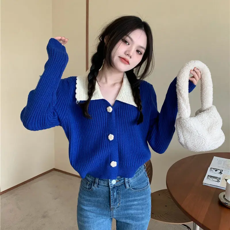 Cropped Cardigan Women Peter Pan Collar Sweet Lovely Preppy Korean Fashion Style Autumn Sweaters Knitted Кардиган Женский Retro