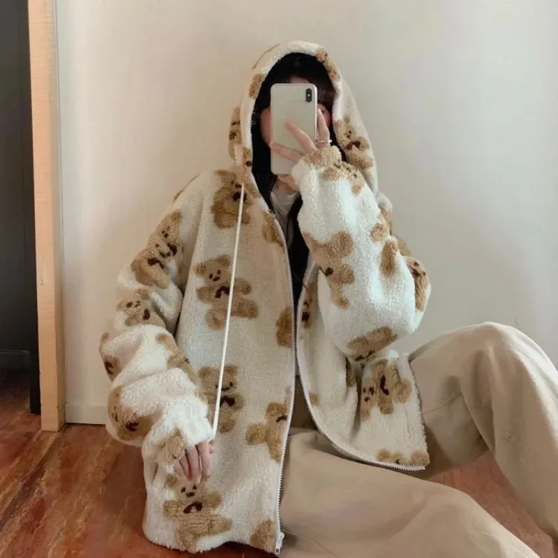 Harajuku Bear Teddy Print Plush Jacket Women Winter 2024 Female Korean Fluffy Hooded Coat Thick Warm Couple Streetwear Outerwear