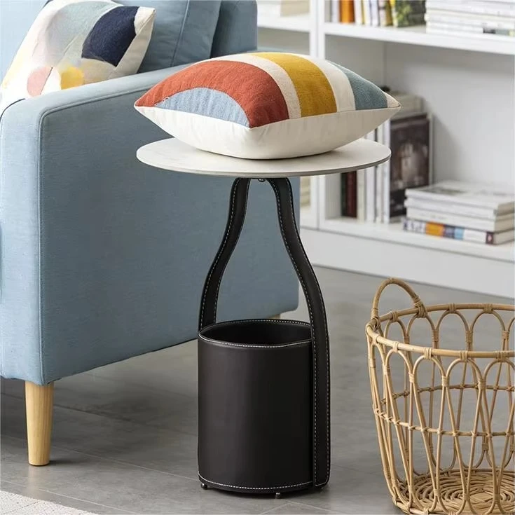 

#Round Side Table Sintered Stone Top Saddle Leather Cylinder Base Stainless Steel Connector Modern