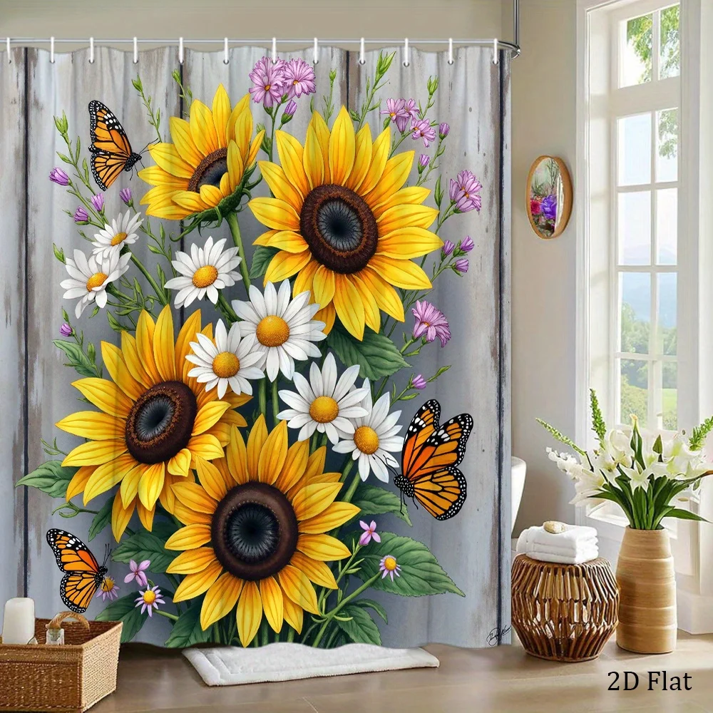 1pc Watercolor Sunflower & Daisy Shower Curtain with Butterflies - Premium Polyester Fabric, 70.8x70.8 Inch Bathroom Decor, 12 H