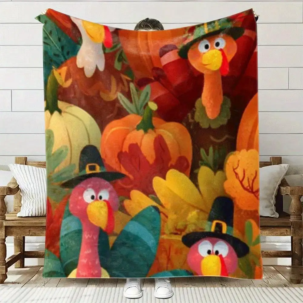 Cartoon turkey and pumpkin patterns Flannel printed blanket suitable for all seasons suitable for living room office sofa travel