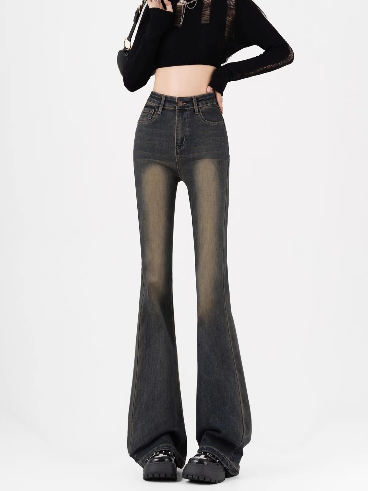 

High Waist Bell Bottom Jeans Slim Fit Elastic Long Leggings Hoof Pants Vintage Style Early Autumn New Large Size