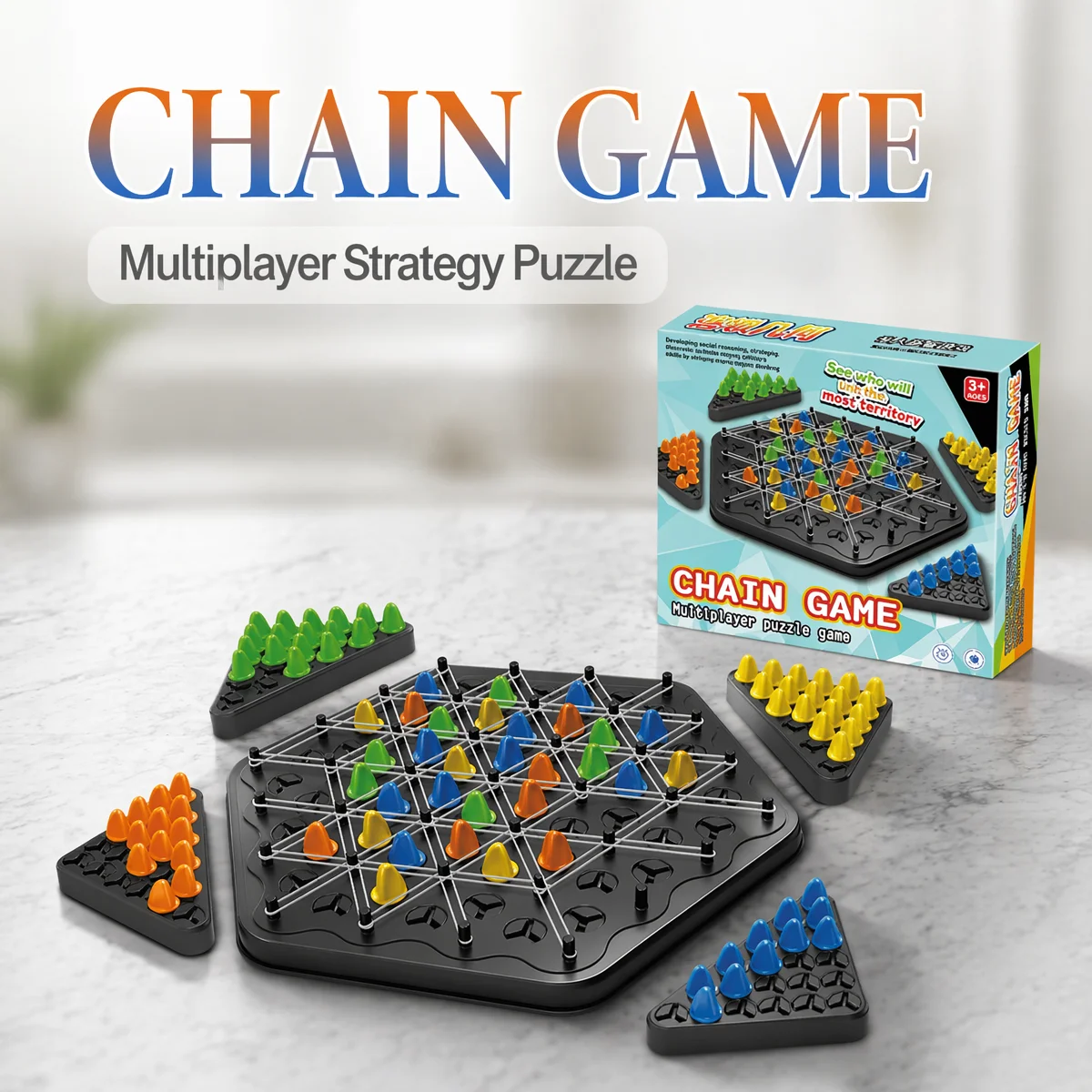 Chain Triangle Chess Game, Triggle Rubber Band Board Game, 2-4 Players Hexagonal Board, Family Party Table Game for Kids/ Adults
